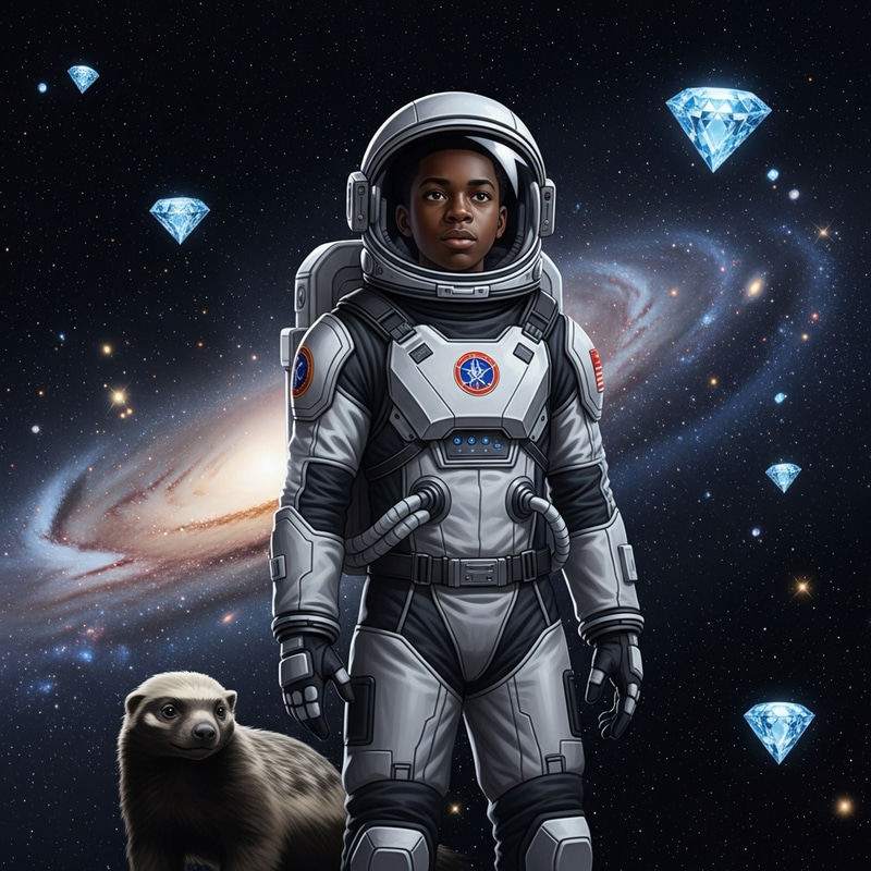 Courageous 13-Year-Old Black Male Astronaut in Cosmic Journey with Fearless Honey Badger Courageous 13-Year-Old Black Male Astronaut in Cosmic Journey with Fearless Honey Badger