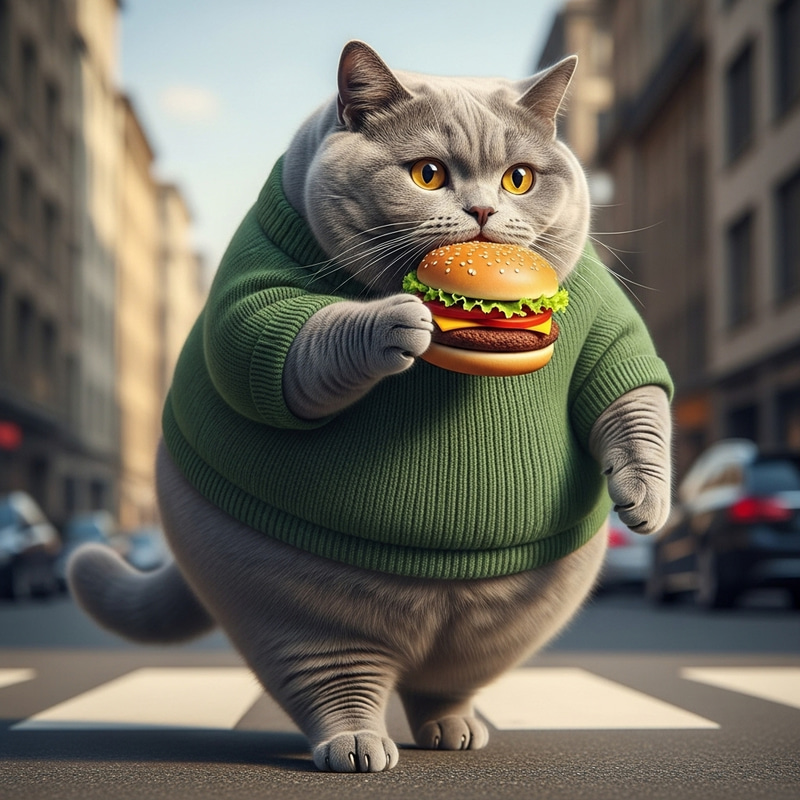 Chubby Grey British Shorthair Cat in Green Sweater Eating Hamburger Chubby Grey British Shorthair Cat in Green Sweater Eating Hamburger