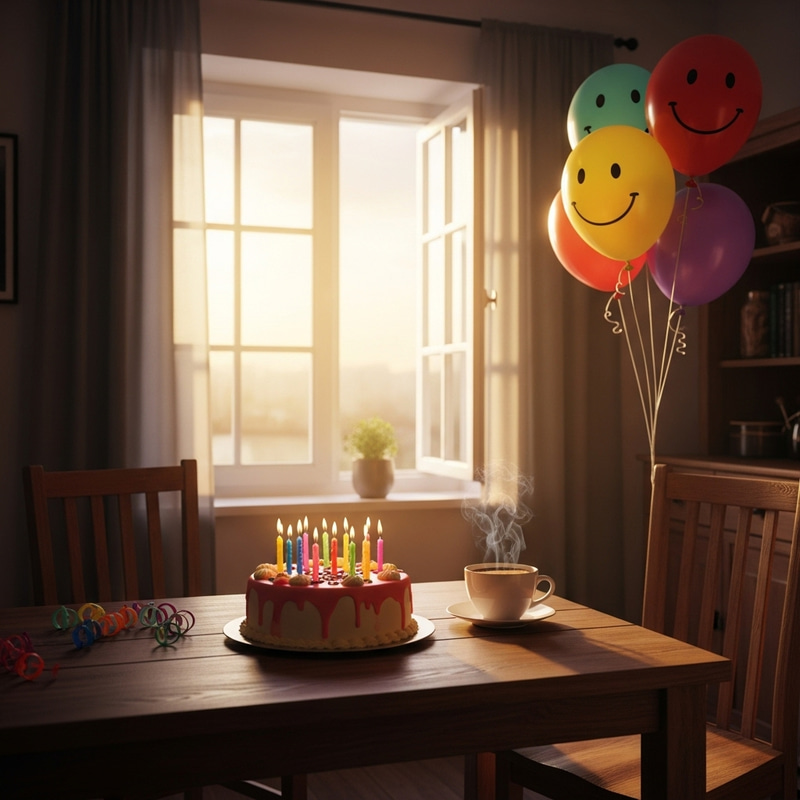 Cozy Birthday Celebration with Cake, Coffee & Balloons