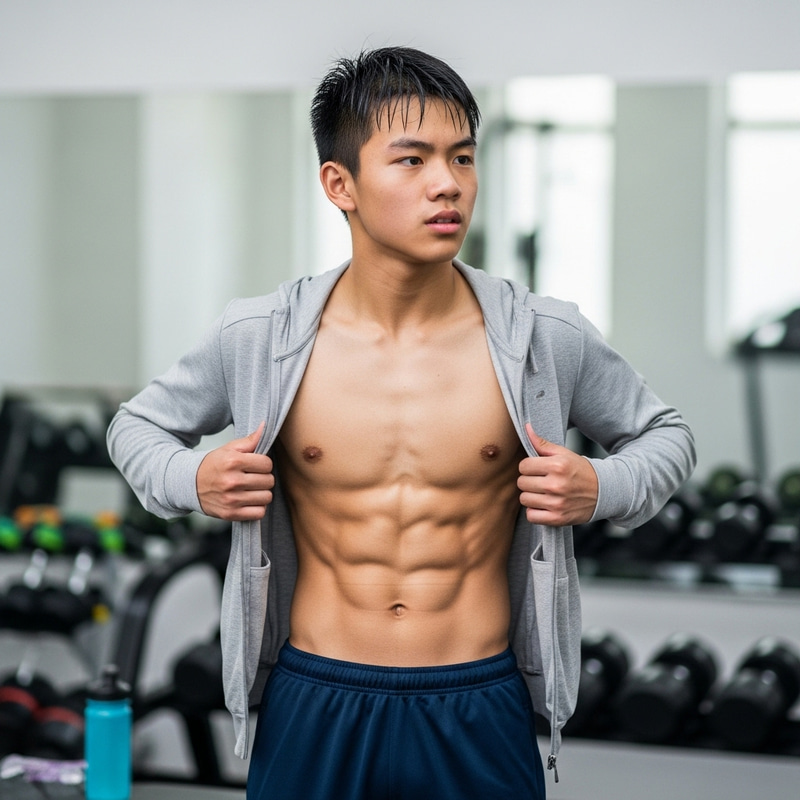 Physically Fit Determined Asian Teenage Boy with Eight-Pack Abs Physically Fit Determined Asian Teenage Boy with Eight-Pack Abs