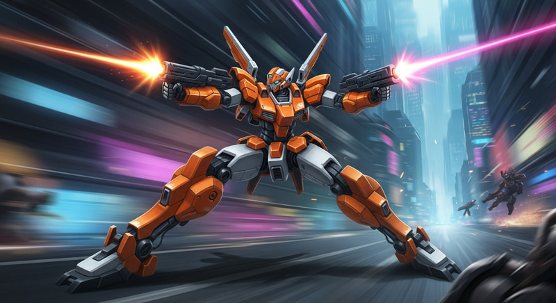 Dynamic Orange & White Gundam in Action-Packed Battle Scene