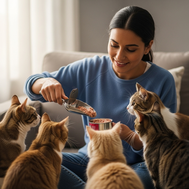 Woman Feeding Five Cats: A Heartwarming Scene Woman Feeding Five Cats: A Heartwarming Scene