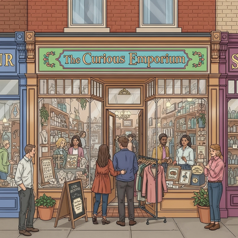 Unique Small Business Storefront with Diverse Shoppers