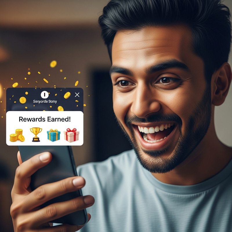 Excited Indian Man Earning Rewards with Mobile Phone
