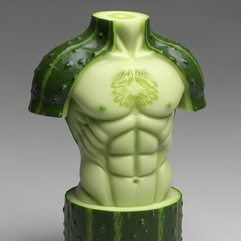 Intricate Cucumber Carving of an Athletic Torso