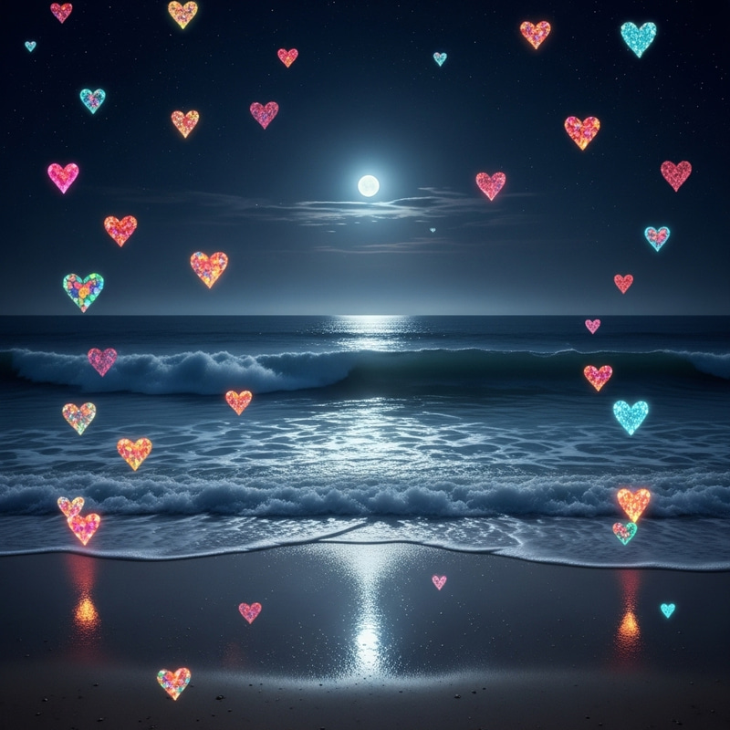Colorful Hearts Illuminating Night Beach | Moonlit Splendor Colorful Hearts Illuminating Night Beach | Moonlit Splendor