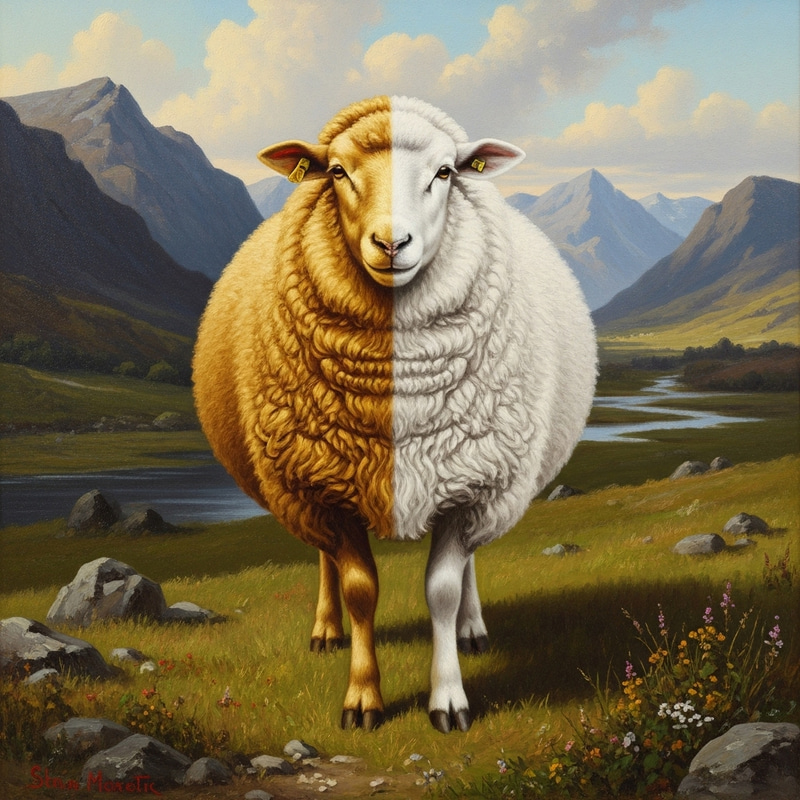 Ethereal Golden and White Sheep in Enchanted Landscape Ethereal Golden and White Sheep in Enchanted Landscape