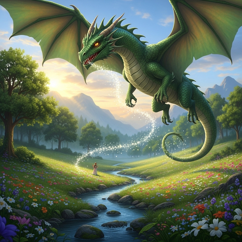 Enchanting Dragon Flight Over a Fairytale Landscape Enchanting Dragon Flight Over a Fairytale Landscape