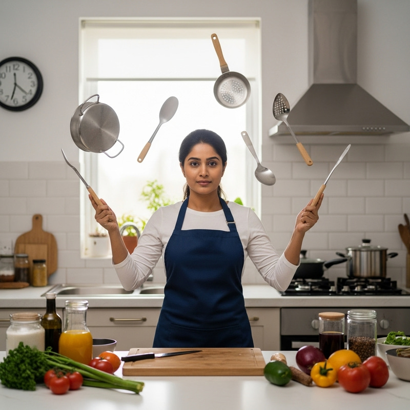 Young Beautiful Homemaker with Superpowers in Her Kitchen Young Beautiful Homemaker with Superpowers in Her Kitchen
