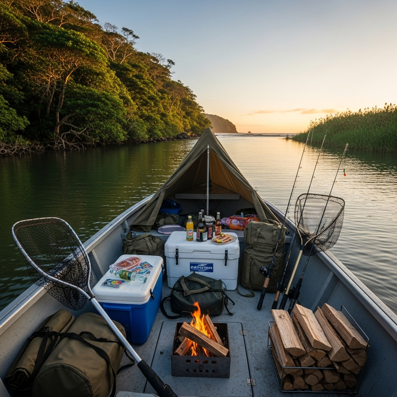 Small Boat Camping and Fishing Expedition on Calm River with Ocean View Small Boat Camping and Fishing Expedition on Calm River with Ocean View