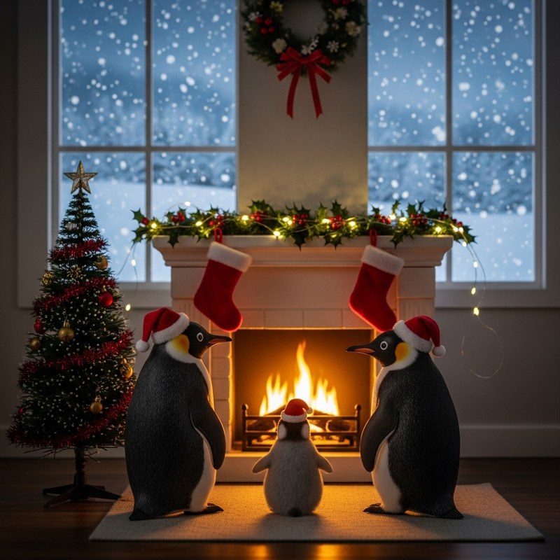 Christmas Penguins Celebrating by the Fireplace Christmas Penguins Celebrating by the Fireplace