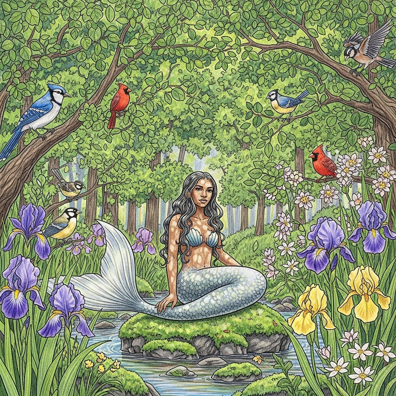 Dark-Skinned Mermaid in Forest with Birds, Wildflowers & Irises Dark-Skinned Mermaid in Forest with Birds, Wildflowers & Irises