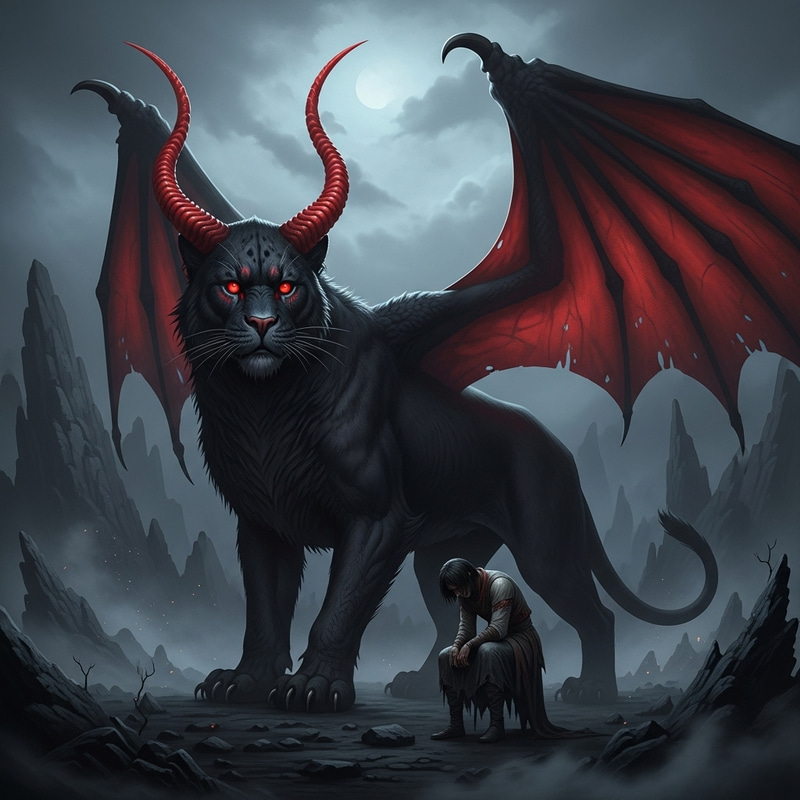 Big Scary Devil Black Cat with Red Horns & Dragon Wings