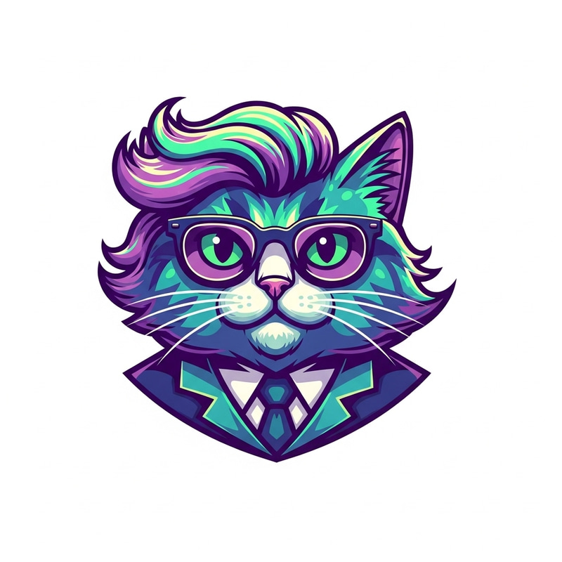 Adorable Politician-Like Cat Logo in Violet, Blue, Green Palette