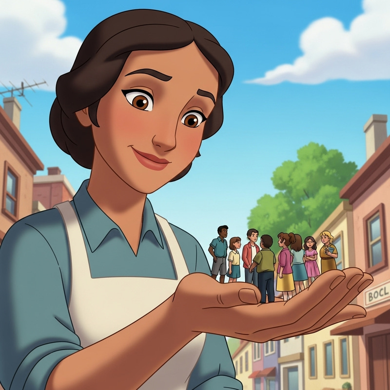 Giant Woman in 90's Cartoon Holding Tiny People Giant Woman in 90's Cartoon Holding Tiny People