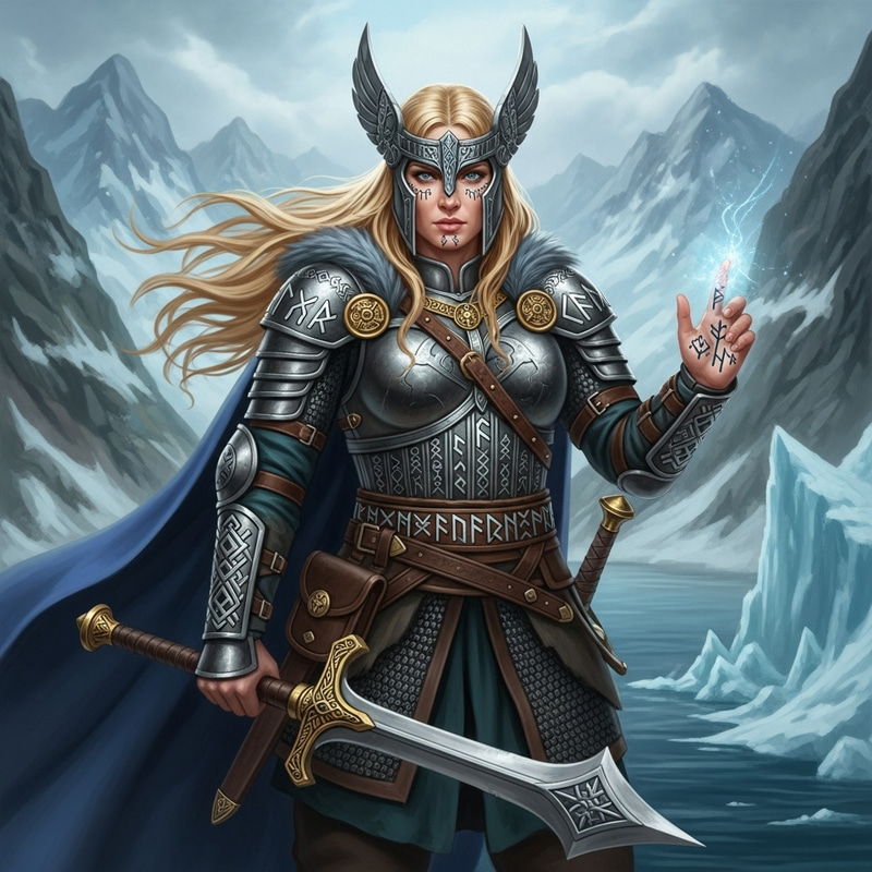 Powerful Nordic Valkyrie with Runes in Ethereal Landscape Powerful Nordic Valkyrie with Runes in Ethereal Landscape