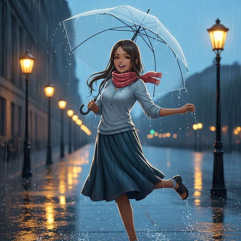 South Asian Anime Girl Dancing in Rain with Short Scarf