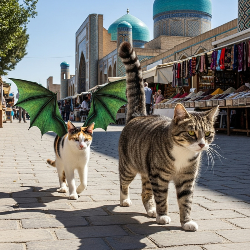 Slender Three-Colored Cat with Dragon Wings in Tashkent Streets Slender Three-Colored Cat with Dragon Wings in Tashkent Streets
