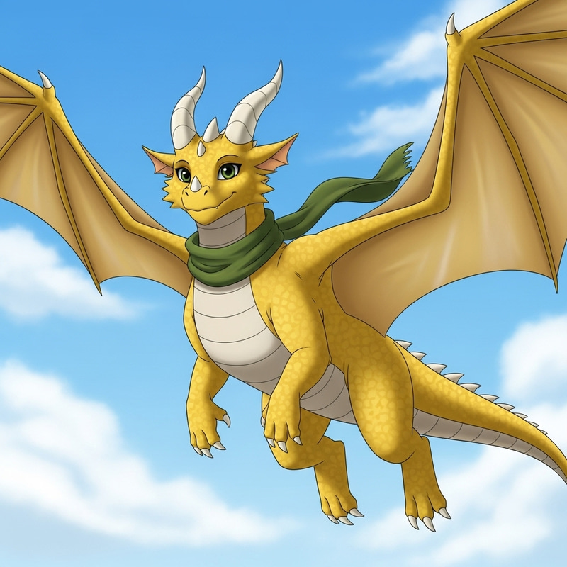 Majestic Yellow Dragon Soaring with Green-Eyed Kindness Majestic Yellow Dragon Soaring with Green-Eyed Kindness