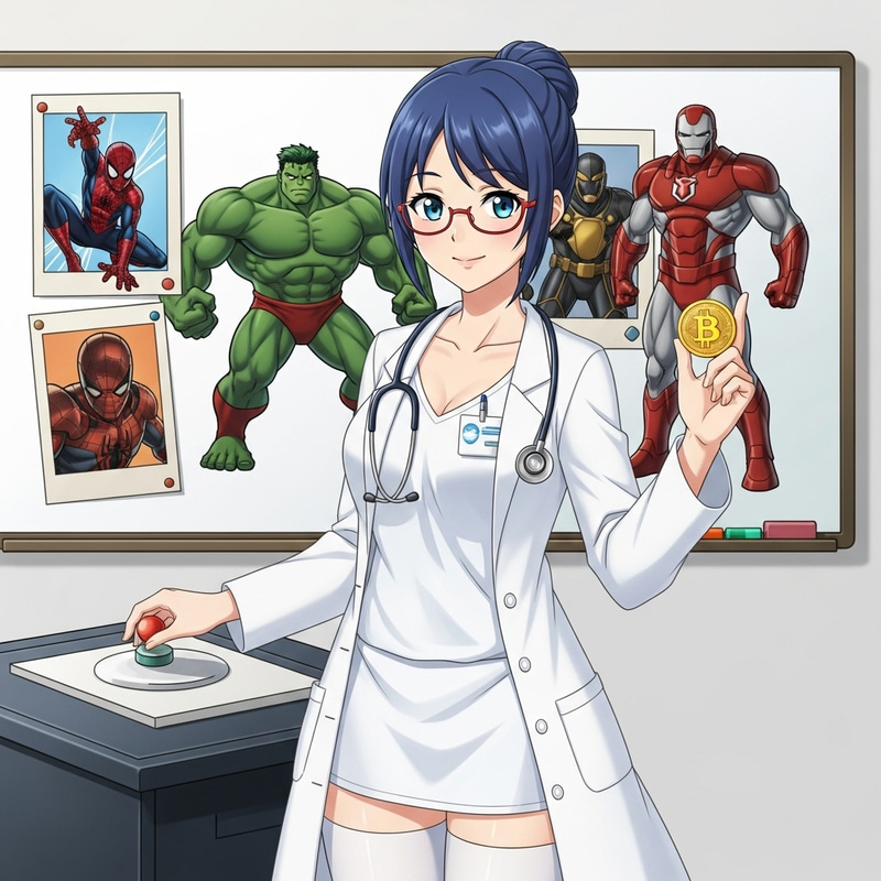 Anime Style Doctor Woman with Blue Hair Holding Bitcoin and Superheroes
