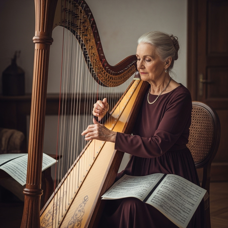 Vintage Granny Harp Musician in Rustic Setting Vintage Granny Harp Musician in Rustic Setting
