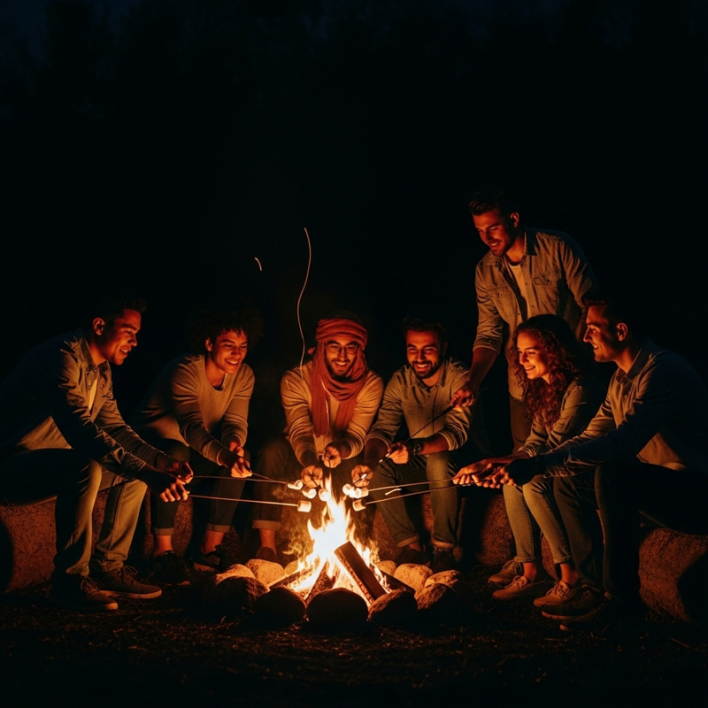 Silhouettes of Friends Roasting Marshmallows at Campfire