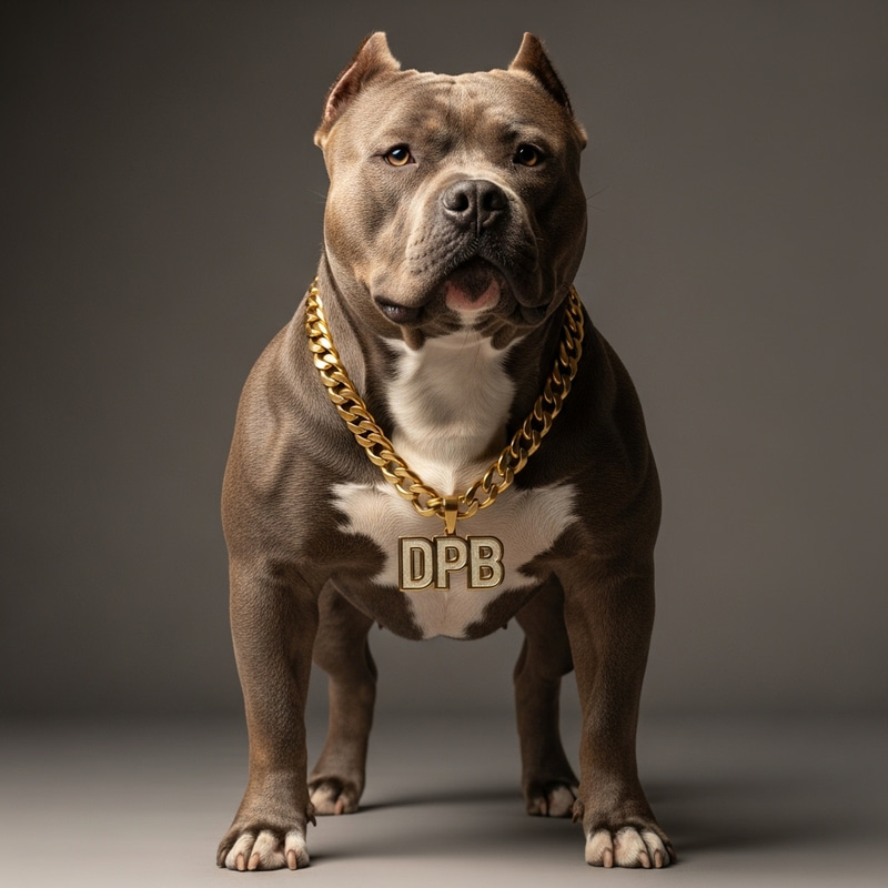 Sturdy Gray American Bully Dog with Gold Chain Necklace