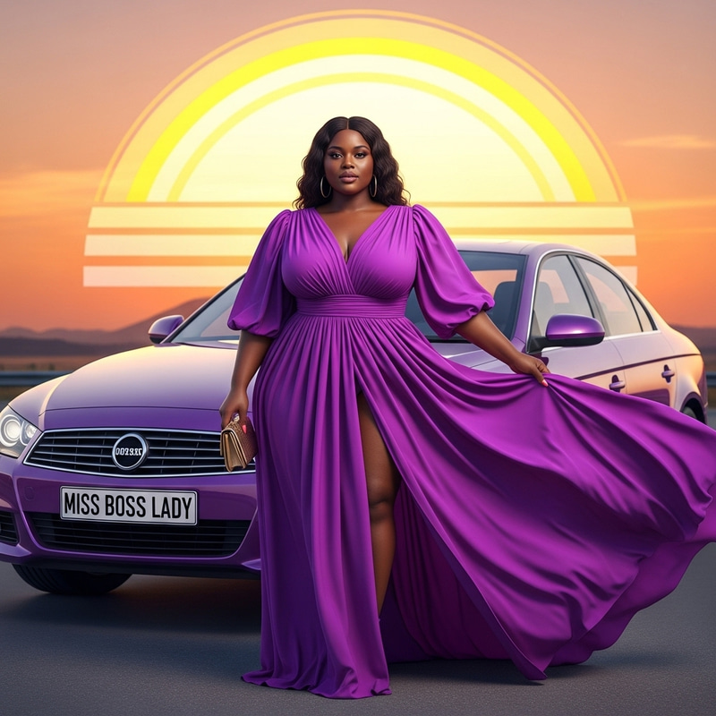 Empowering Plus-Size African Lady in Purple Dress at Sunset Empowering Plus-Size African Lady in Purple Dress at Sunset