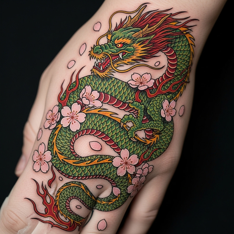 Intricately Designed Dragon Tattoo on Hand with Sakura Blossoms Intricately Designed Dragon Tattoo on Hand with Sakura Blossoms