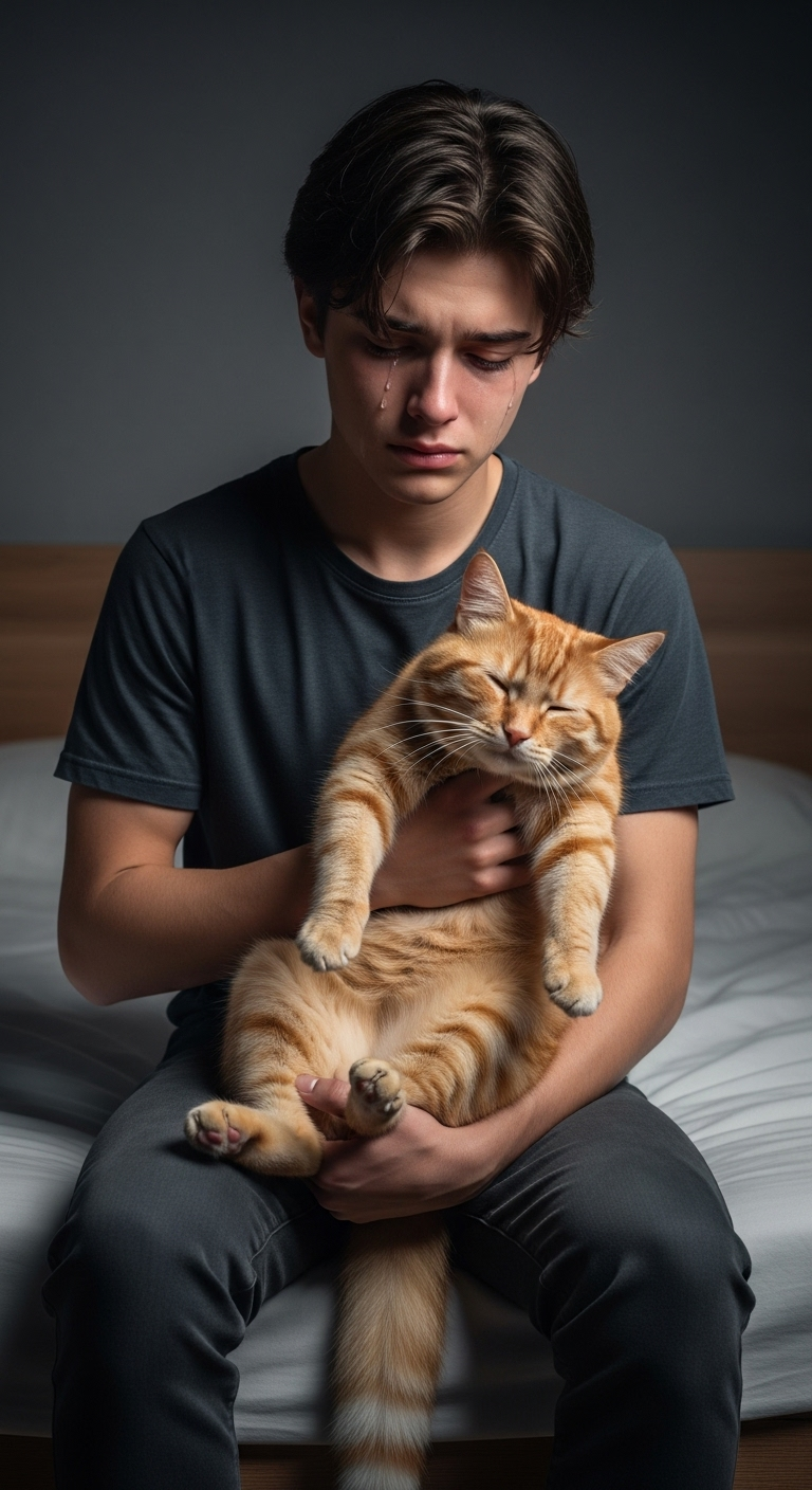 Touching Scene: 17-Year-Old Boy Grieving with Lifeless Cat Touching Scene: 17-Year-Old Boy Grieving with Lifeless Cat