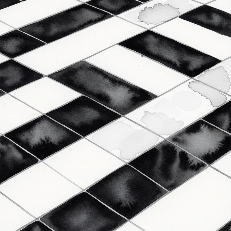 Watercolor Painting: Black & White Chessboard Rhombus Floor