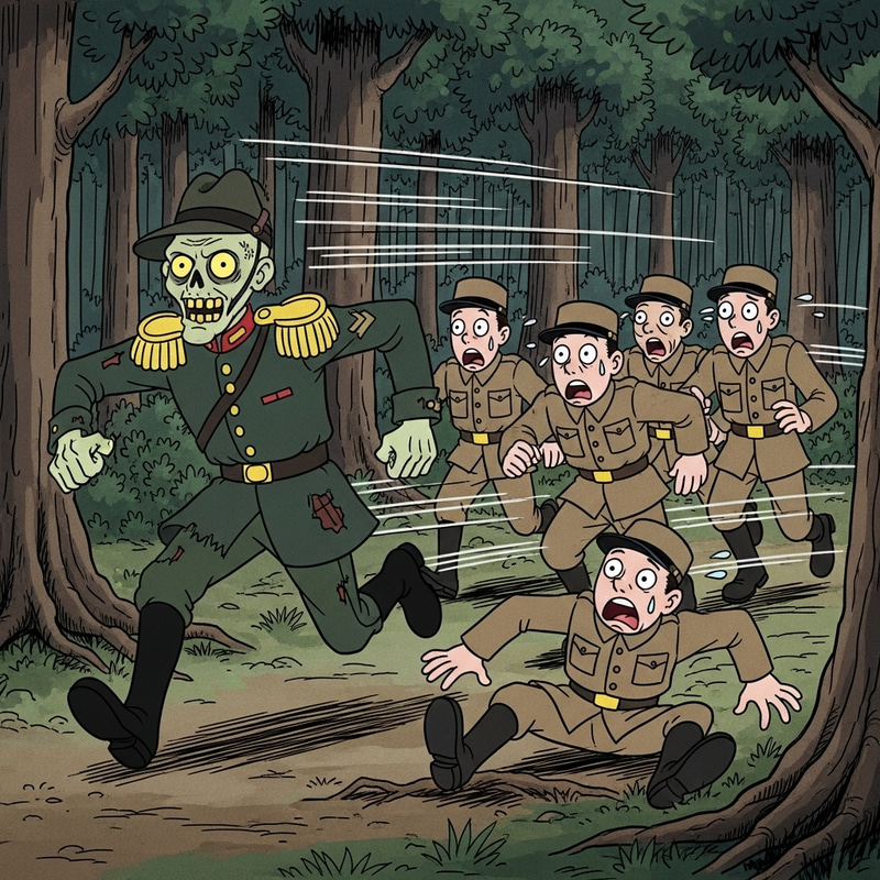 Disney Zombie Officer Chasing Military Recruits in Forest Disney Zombie Officer Chasing Military Recruits in Forest