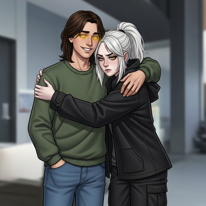 Gravity Falls Style Cartoon of Smiling Man and Displeased Woman Embracing in Modern Room Gravity Falls Style Cartoon of Smiling Man and Displeased Woman Embracing in Modern Room