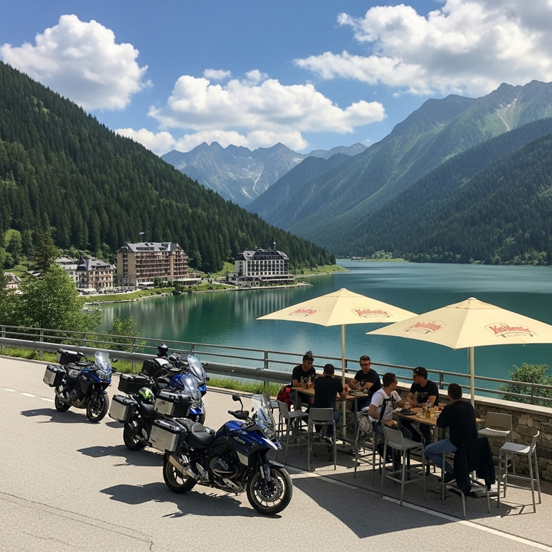 Motorcycle Riders Relaxing on Scenic European Mountain Roads Motorcycle Riders Relaxing on Scenic European Mountain Roads