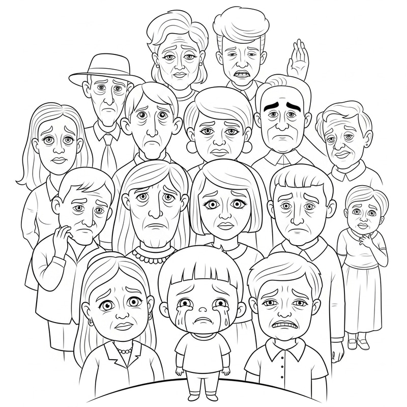 Child Crying Among Cartoon Symbols of Death in Black and White Child Crying Among Cartoon Symbols of Death in Black and White