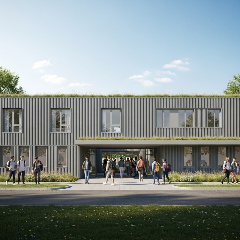 Modern Middle School Entrance | Students Arriving at Green Roof Porch Modern Middle School Entrance | Students Arriving at Green Roof Porch