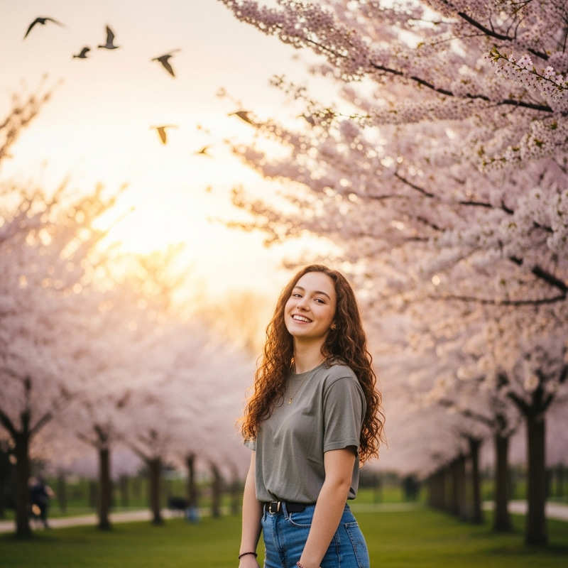 Beautiful 16-Year-Old Girl in a Cherry Blossom Park