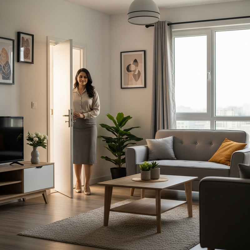 Elegant South Asian Woman Leaving Impeccable Modern Apartment Elegant South Asian Woman Leaving Impeccable Modern Apartment