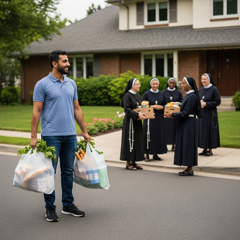Community Service Volunteer Delivering Groceries to Nuns | Suburban Donation Scene Community Service Volunteer Delivering Groceries to Nuns | Suburban Donation Scene