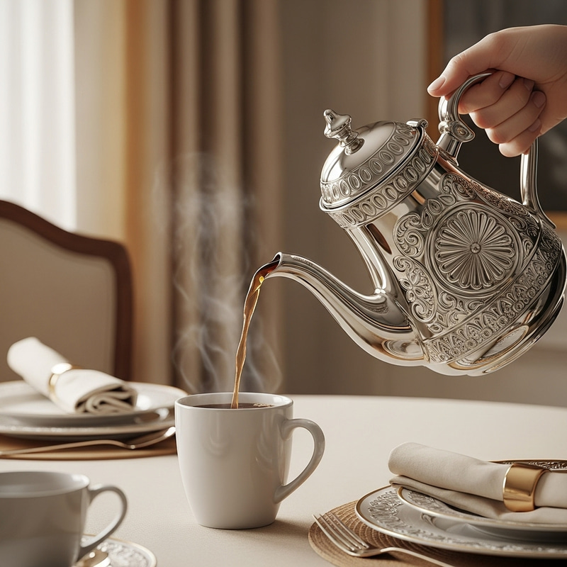 Aristocratic Coffee Pot Pouring Hot Brew into Mug Aristocratic Coffee Pot Pouring Hot Brew into Mug