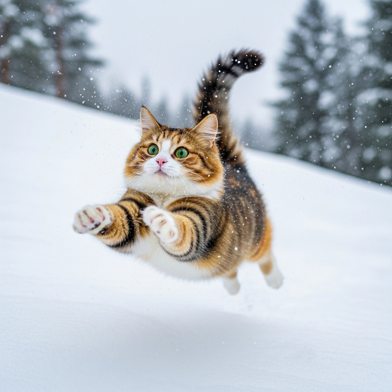 Adorable Cat Jumping in Snow