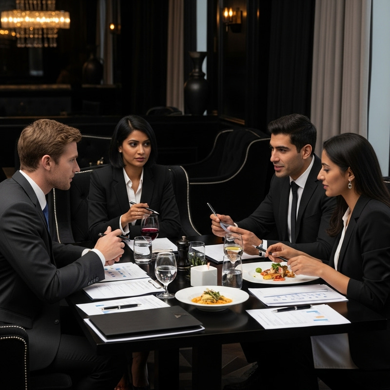 Rich Businessmen Meeting in Black Luxury Restaurant Rich Businessmen Meeting in Black Luxury Restaurant
