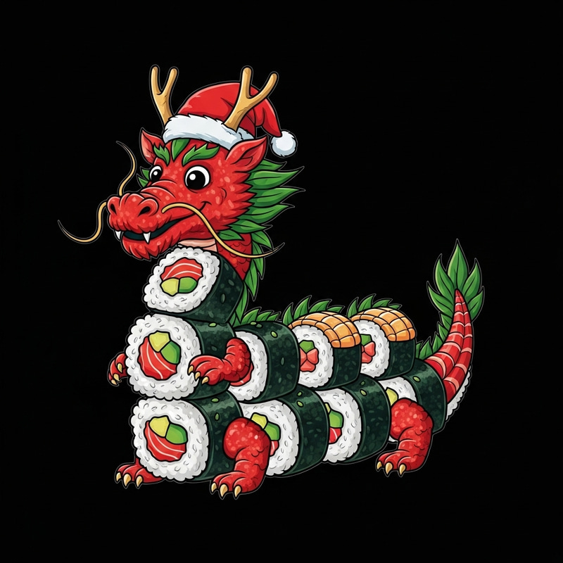 Whimsical Dragon Sushi Artwork in Santa Hat - Festive Design Whimsical Dragon Sushi Artwork in Santa Hat - Festive Design