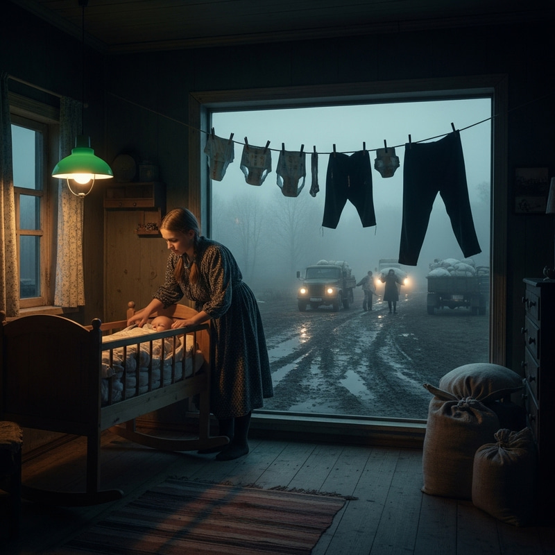 Russian Rustic Room at Night | Girl Rocking Cradle by Green Lamp Russian Rustic Room at Night | Girl Rocking Cradle by Green Lamp