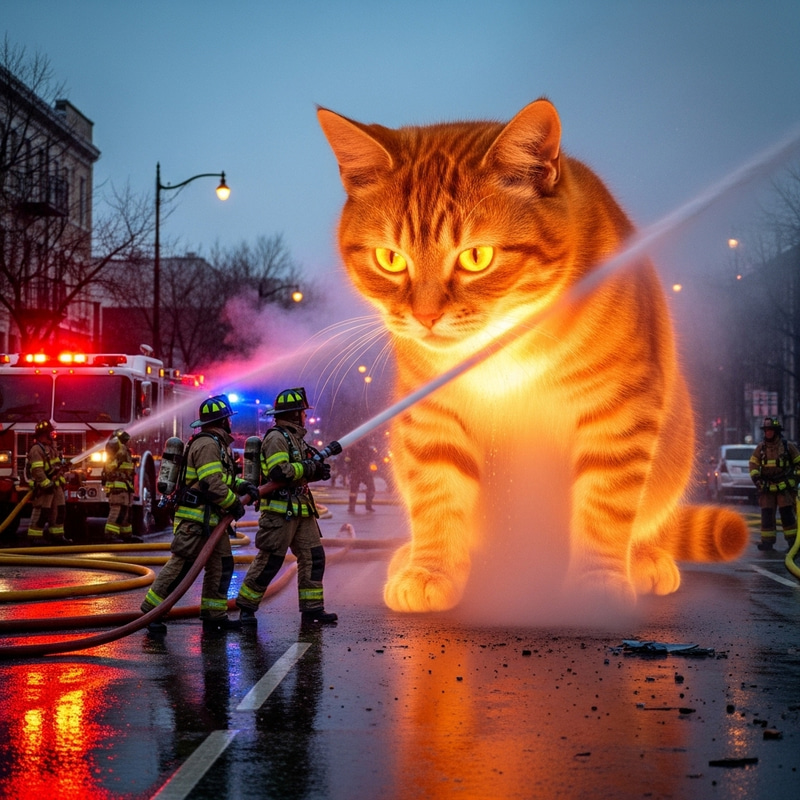 Firefighters Rescuing Glowing Ginger Cat on Street Firefighters Rescuing Glowing Ginger Cat on Street