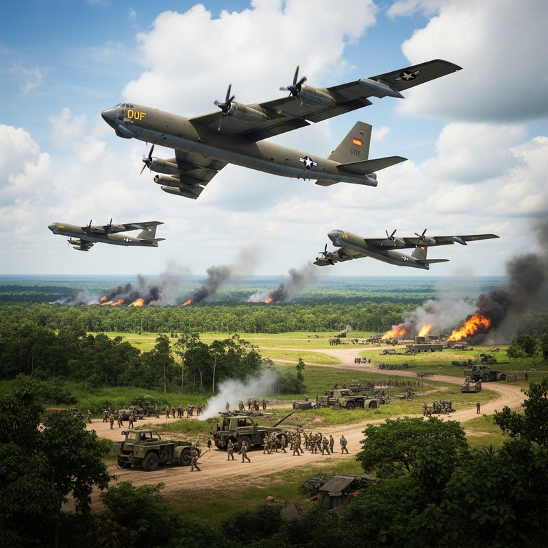 Intense Aerial Conflict: B-52s Over Jungle Terrain