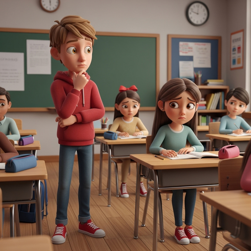 Enchanting 3D Disney-Style Image: Kids in Classroom, Age 12, Red Sweater, Pondering