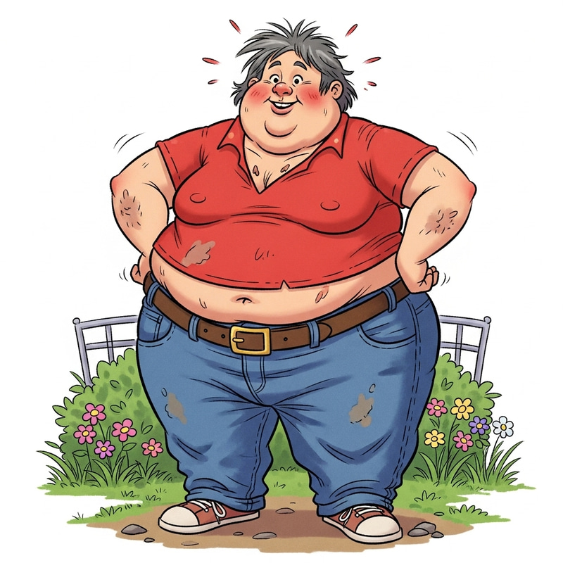 Portly Person in Red Shirt and Blue Jeans | Garden Backdrop Portly Person in Red Shirt and Blue Jeans | Garden Backdrop