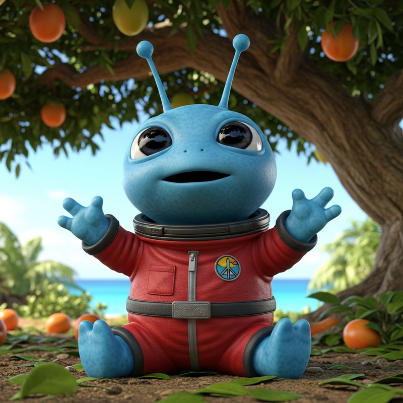 Blue Alien Under Fruit Tree | Tropical Island Encounter