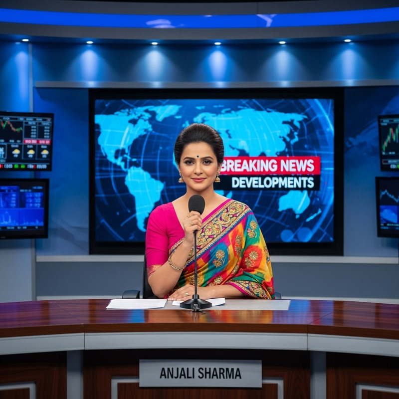 Indian Women News Anchor on Modern Set Indian Women News Anchor on Modern Set